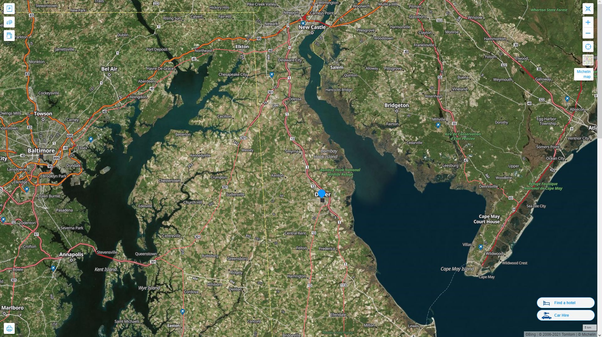 Dover Delaware Highway and Road Map with Satellite View